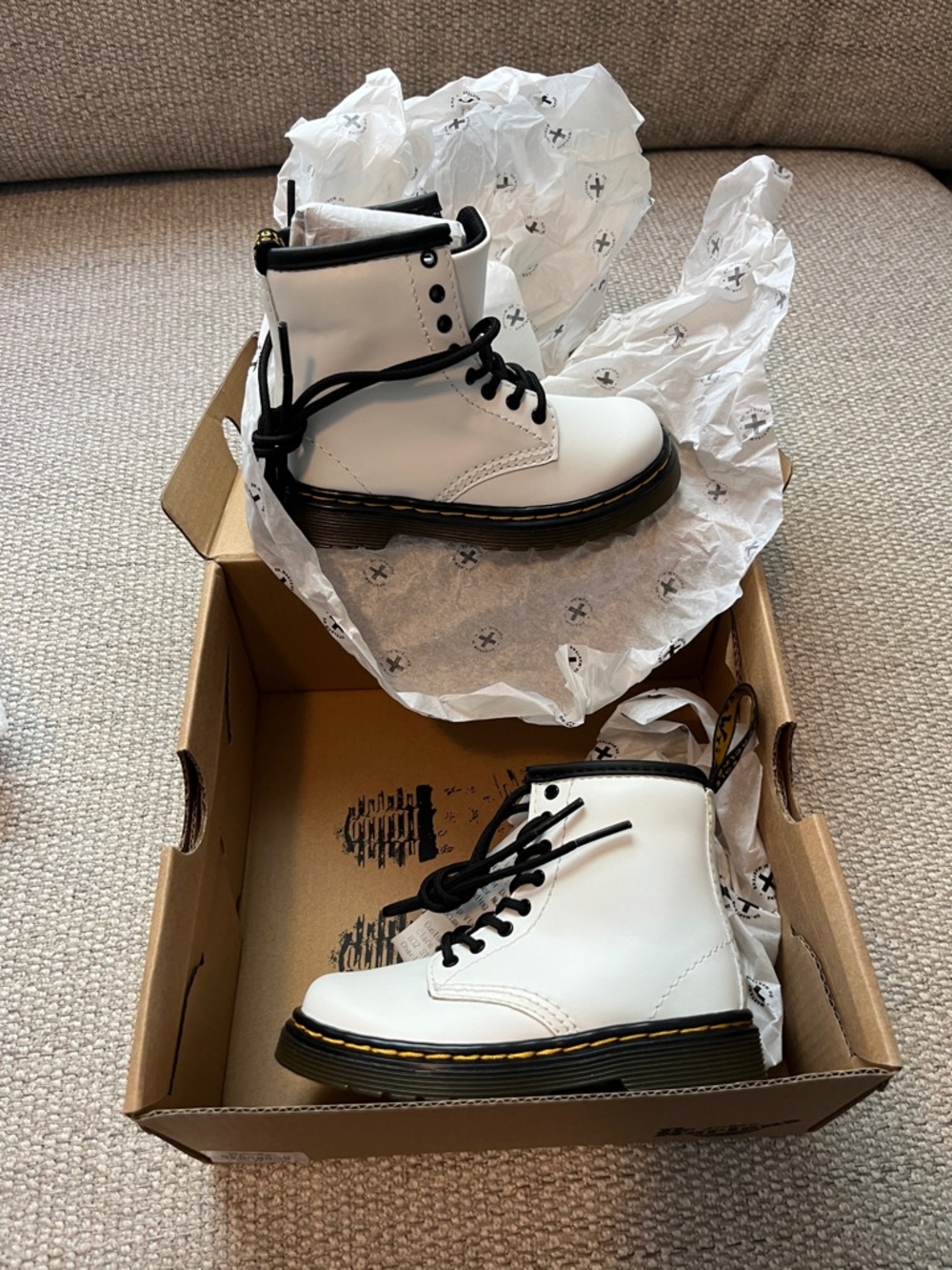 Dr. Martens Kids White Lace-Up Ankle Boots with Black Accents